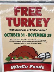 Winco turkey deal - Nov 15, 2023 · Winco ~ 98¢/lb (Jennie-O or Honeysuckle); $1.18/lb (Butterball) Get a FREE turkey when you spend $125 from November 11-22, 2023. Winco only takes cash or debit, so plan accordingly! If you want to save on more than your turkey, all year long, join Beyond! We provide detailed lists for grocery deals each week, matched with digital and paper ... 